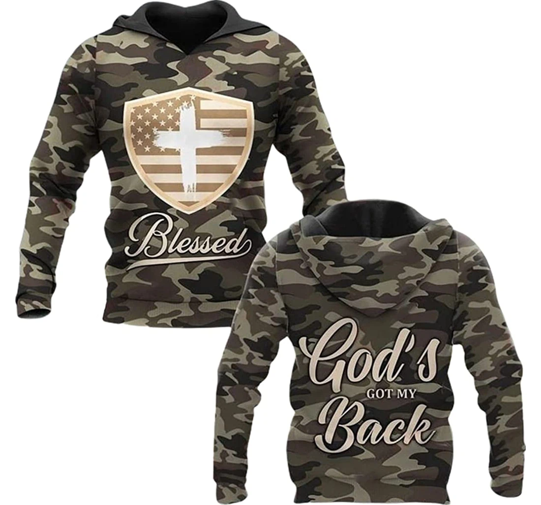 America Flag Camo Blessed God's Got My Back - 3D Printed Pullover Hoodie