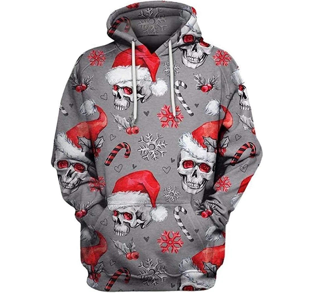 Gray Christmas Skull Designed Fleece Lightweight Premium Sportwear Up - 3D Printed Pullover Hoodie