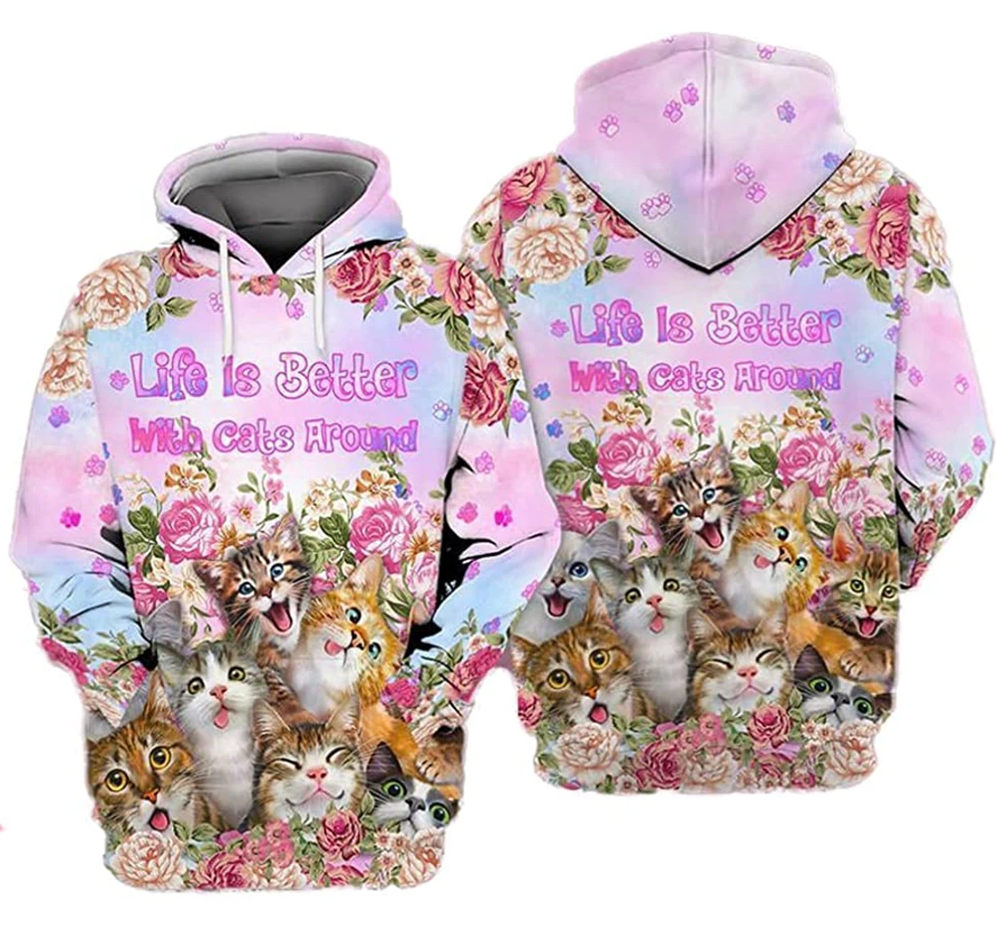 Life Is Better With Cats In Floral Art Lightweight Premium Sportwear Up - 3D Printed Pullover Hoodie