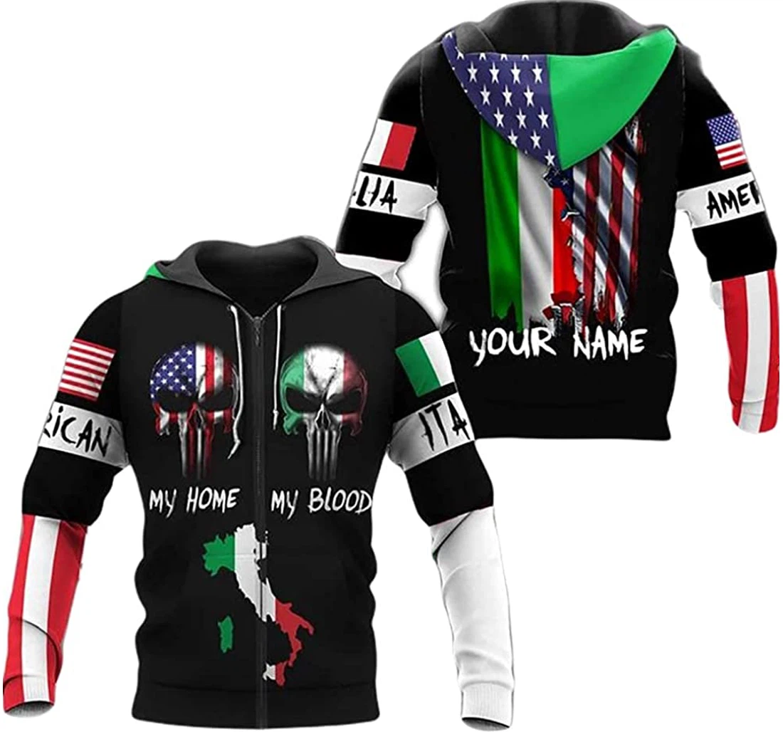 Personalized Name Italy Flag Skulls My Home My Blood Lightweight Premium Sportwear Up - 3D Printed Pullover Hoodie