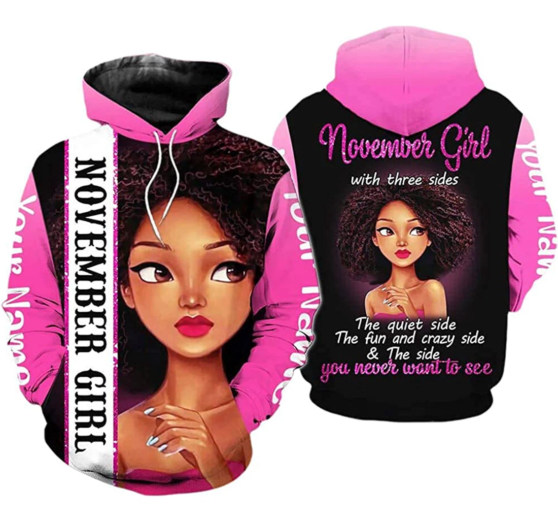 Personalized Name November Girl Queen With 3 Sides Lightweight Premium Sportwear Up - 3D Printed Pullover Hoodie