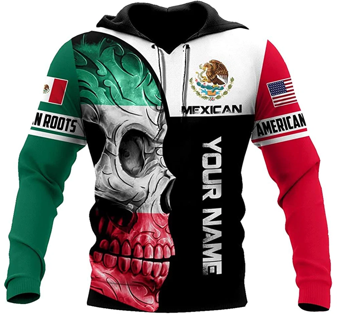 Personalized Name Mexican Skull American Grown With American Roots Premium Sportwear Up - 3D Printed Pullover Hoodie