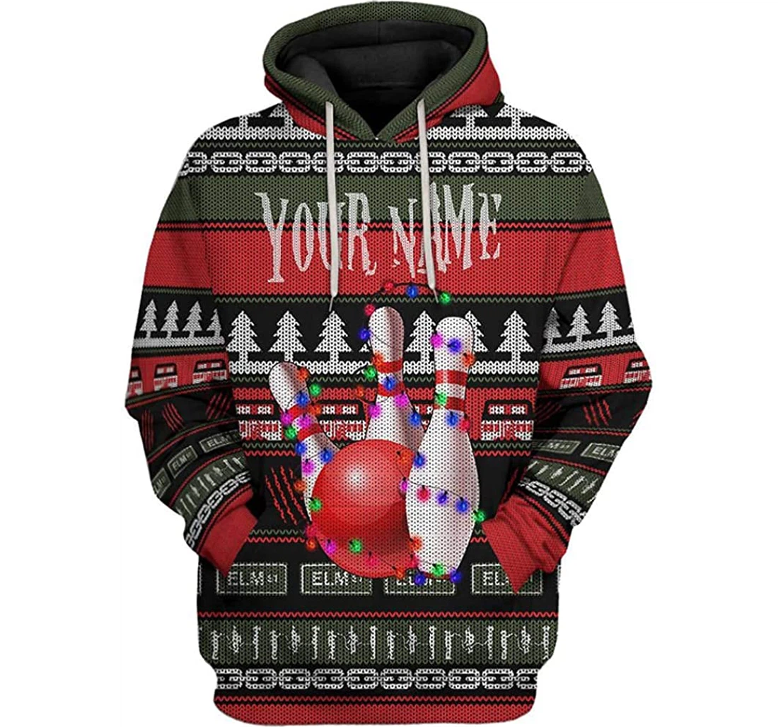 Personalized Name Bowling Ugly Christmas Lights Lightweight Premium Sportwear Up - 3D Printed Pullover Hoodie