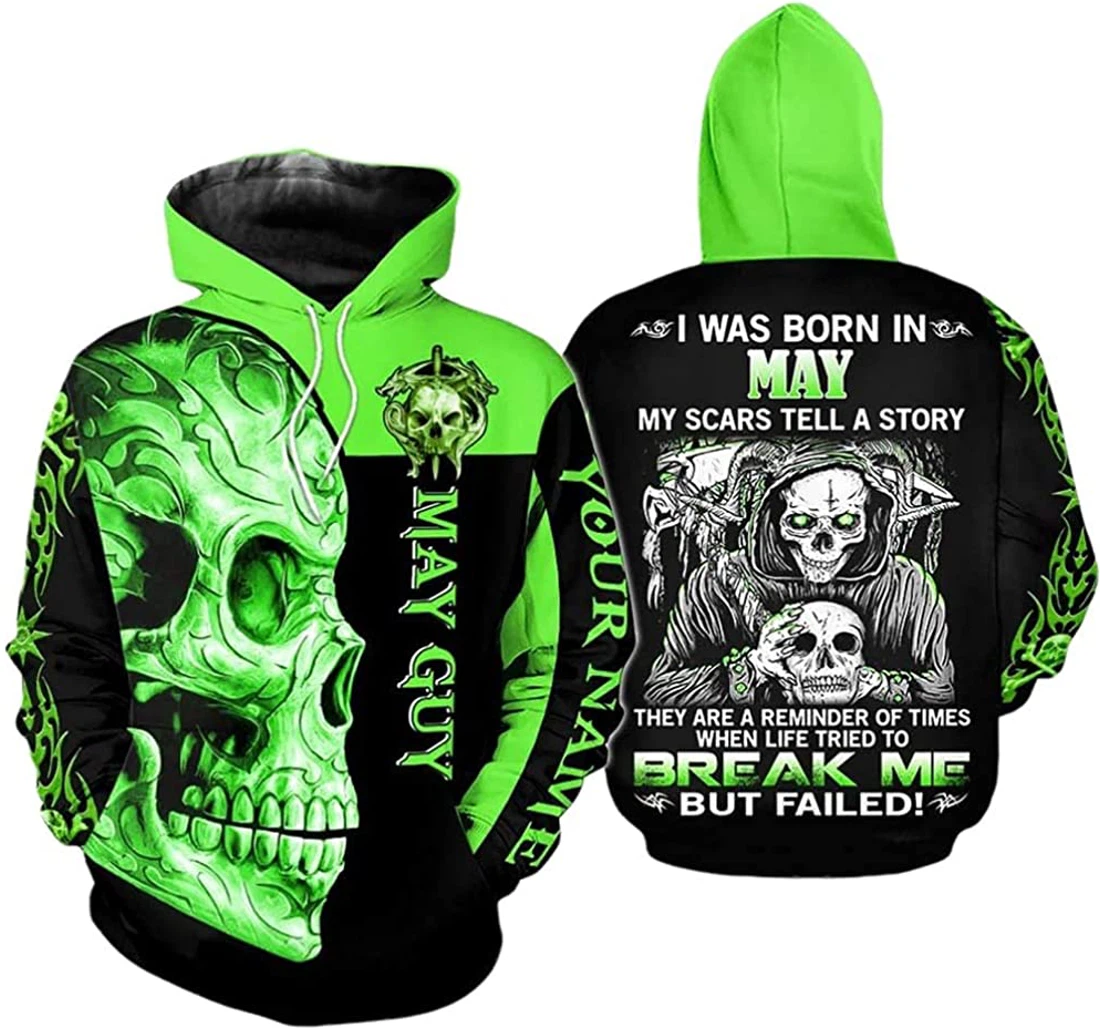 Personalized Name May Guy Skull My Scars Tell A Story Lightweight Premium Sportwear Up - 3D Printed Pullover Hoodie