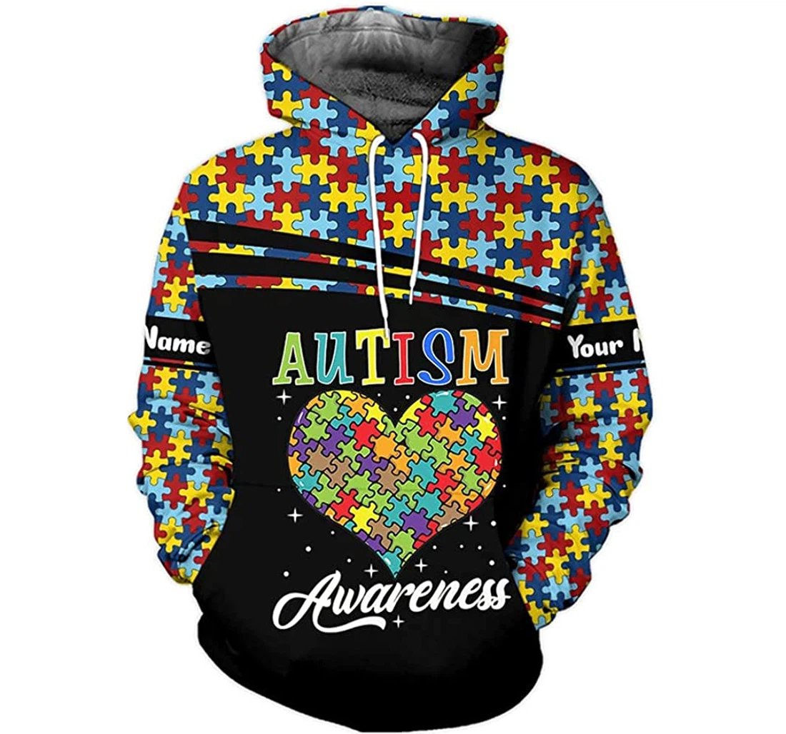 Personalized Name Autism Awareness Hearts Colorful Lightweight Premium Sportwear Up - 3D Printed Pullover Hoodie