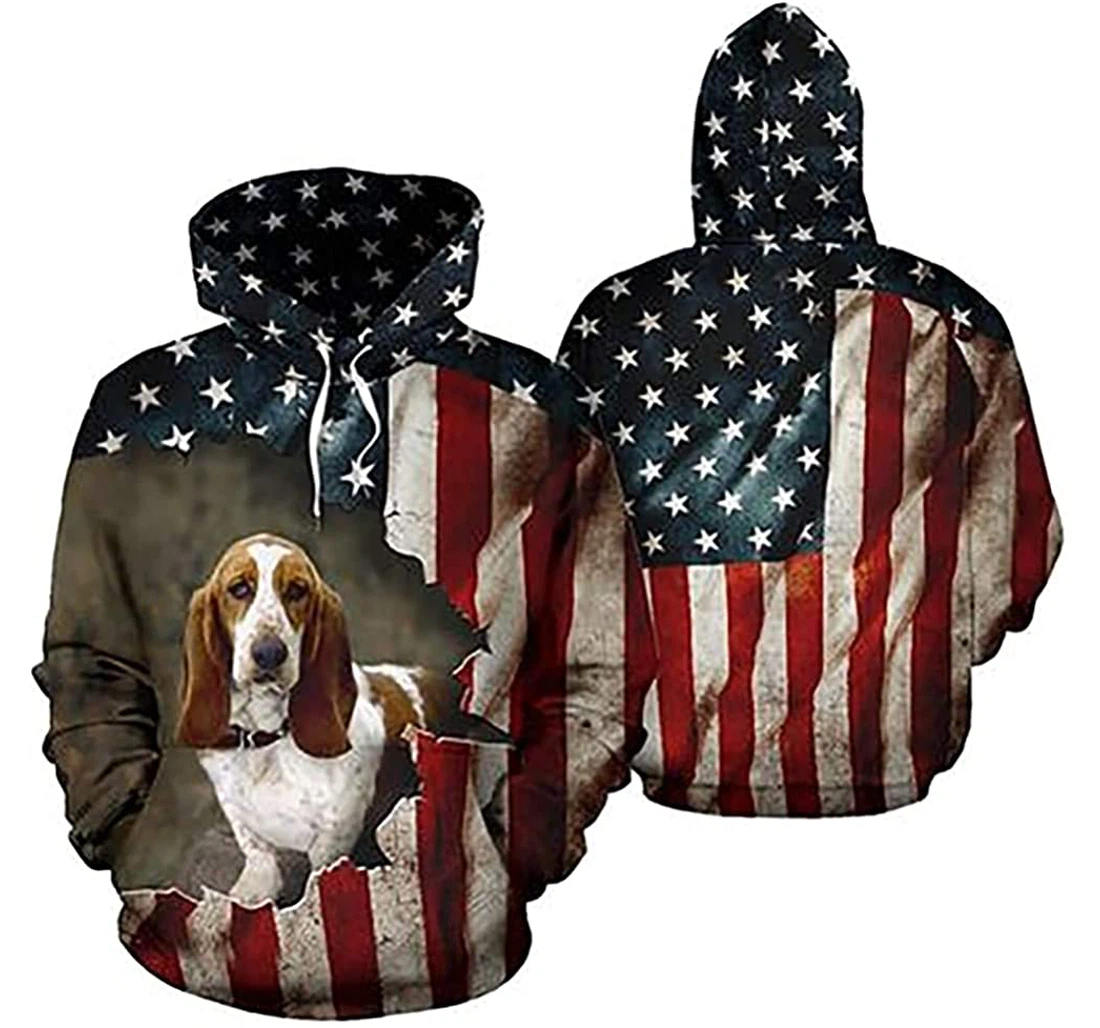 Basset Hound Dog American Flag - 3D Printed Pullover Hoodie