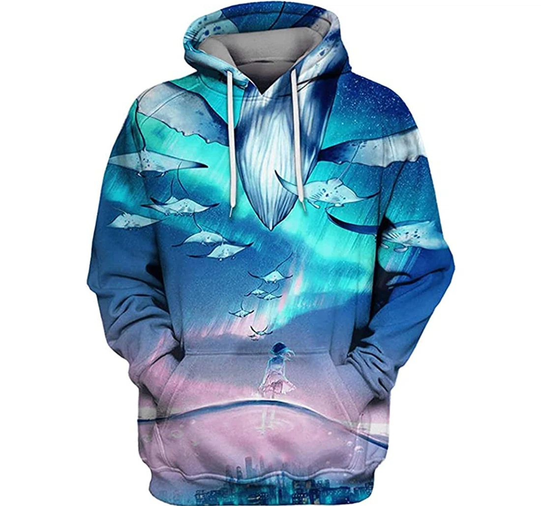 Little Girl Seeing Whale In Sea - 3D Printed Pullover Hoodie