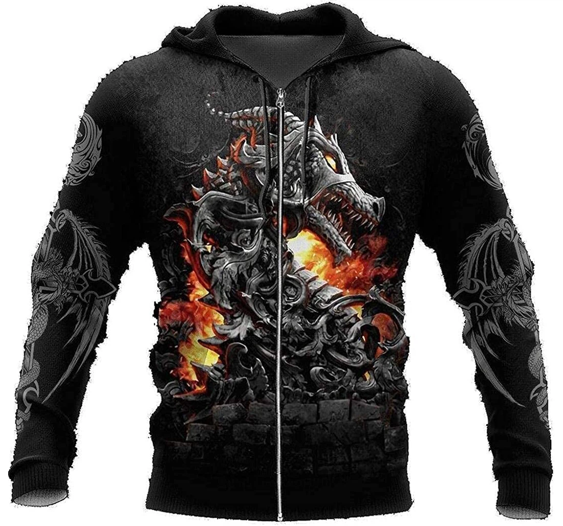 Armor Tattoo Dungeon Dragon Death With American Wolf Lightweight Up - 3D Printed Pullover Hoodie