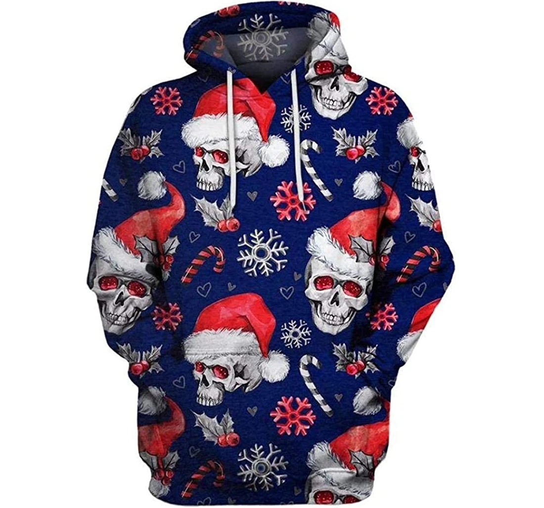 Navy Blue Christmas Skull Us & All Overed Lightweight Premium Sportwear Up - 3D Printed Pullover Hoodie