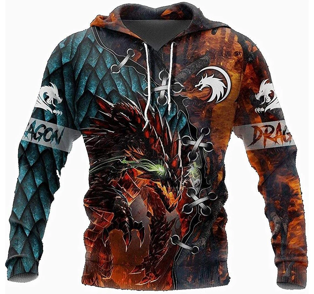 Tattoo Dungeon Dragon Fire Ice Fleece Fleece Lightweight Up - 3D Printed Pullover Hoodie