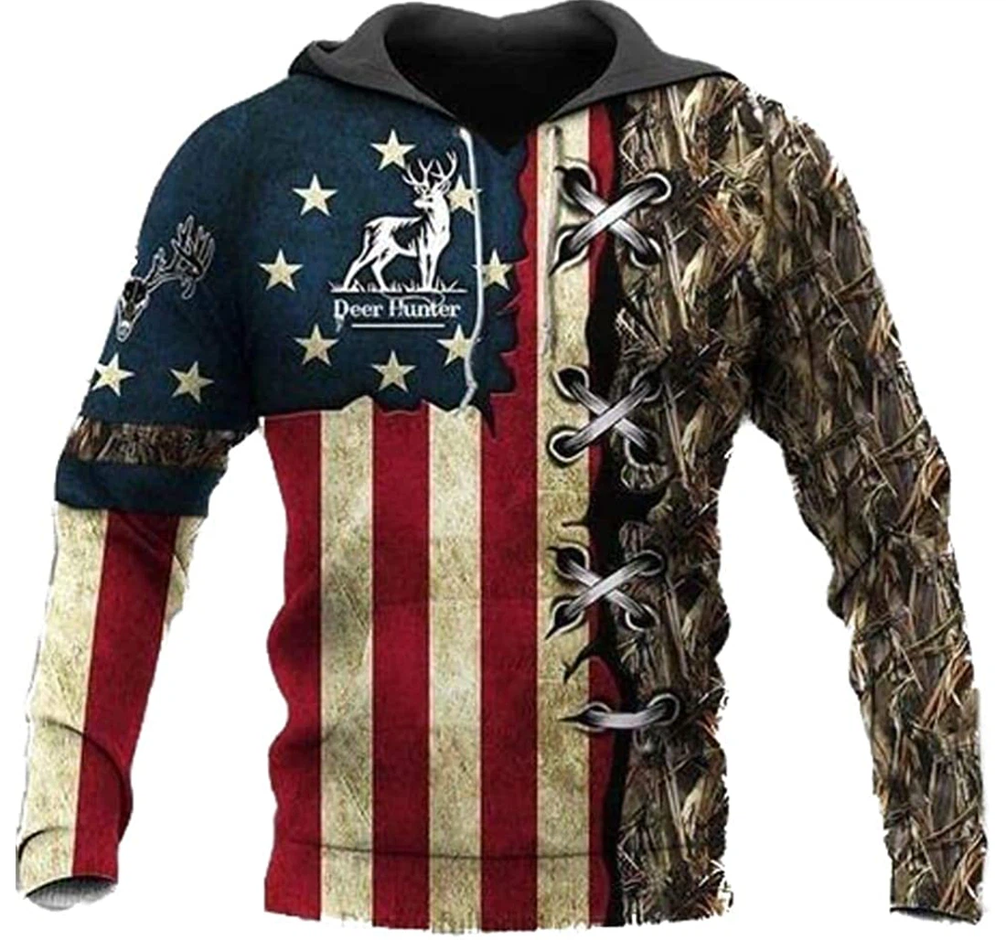 Loving Deer Hunting Us Flag Lightweight Premium Sportwear Up - 3D Printed Pullover Hoodie