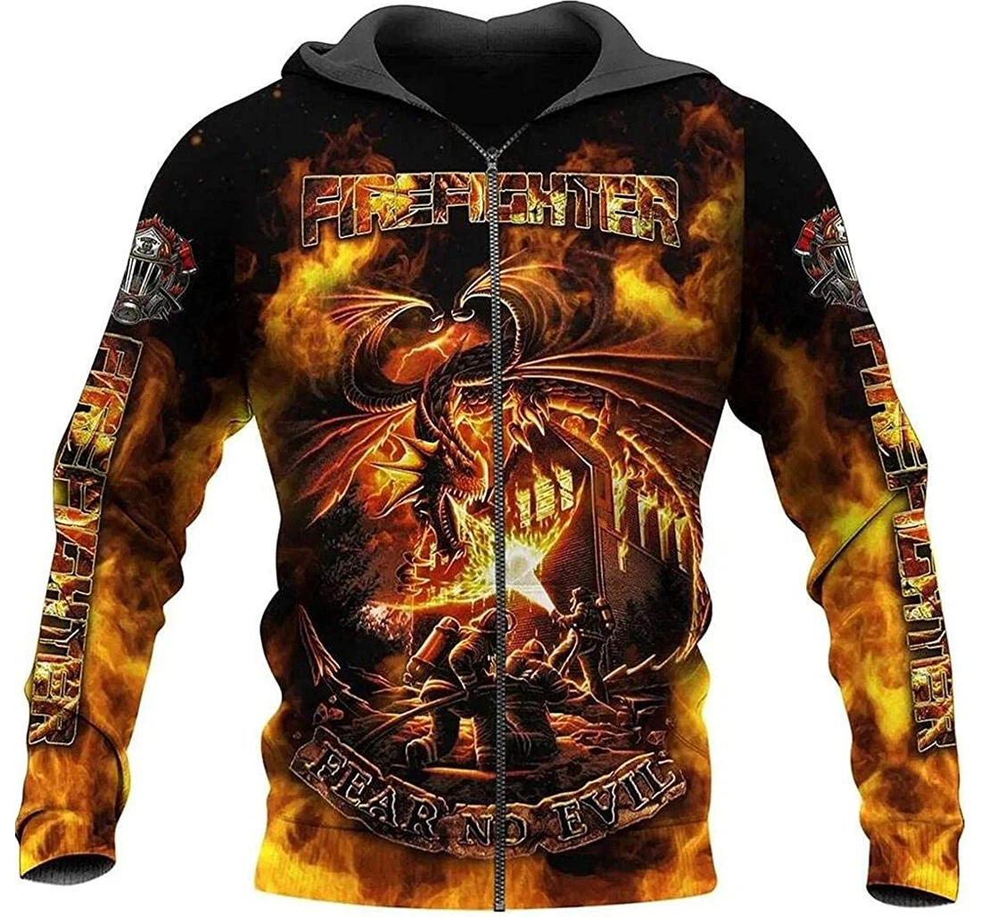 Tattoo Dungeon Dragon Firefighter With American Wolf Lightweight Up - 3D Printed Pullover Hoodie