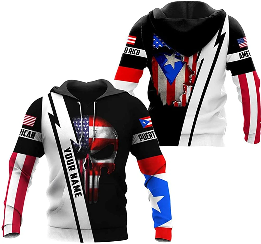 Personalized Name Puerto Rico & U.s Skull Flag Lightweight Premium Sportwear Up - 3D Printed Pullover Hoodie