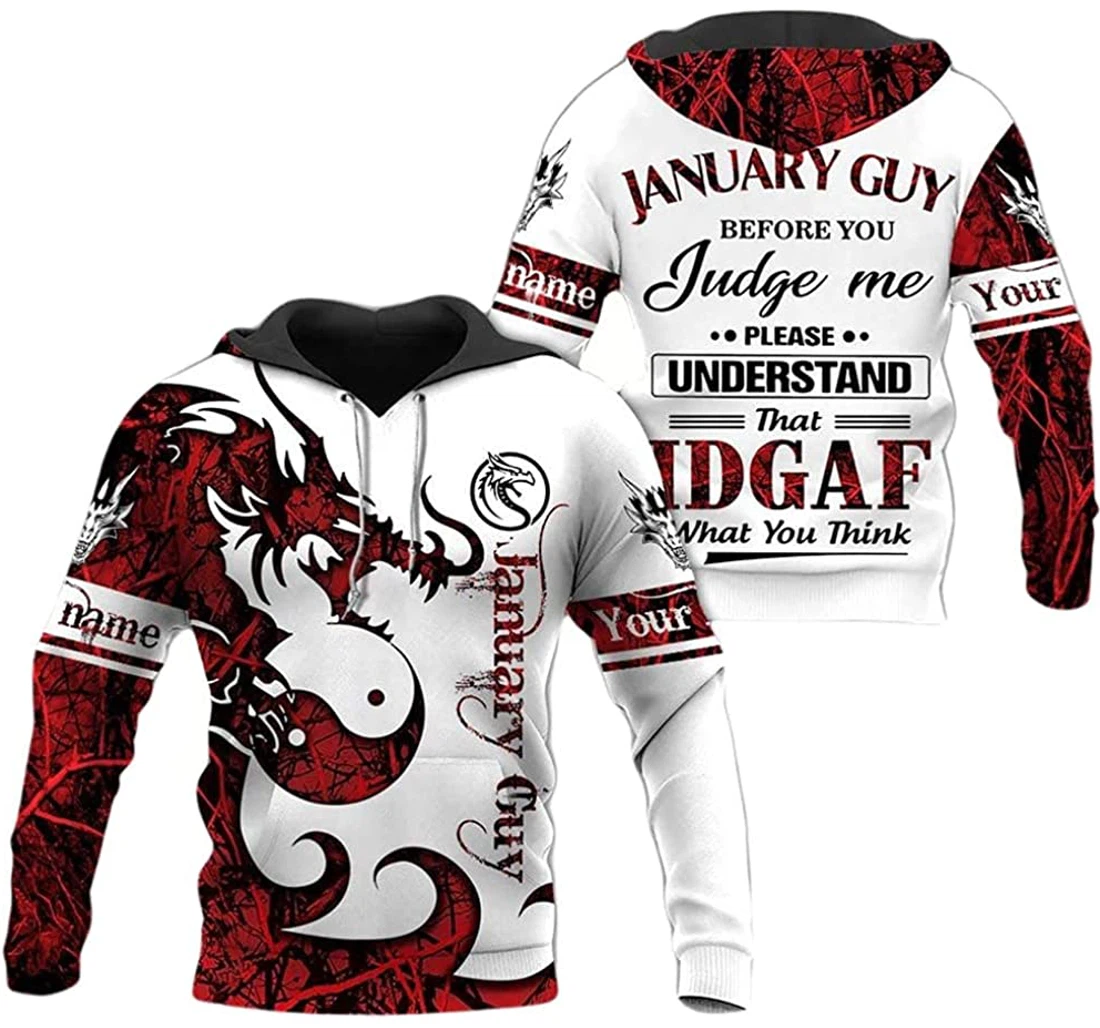 Personalized Name January Guy Dragon Tattoo Before You Judge Me Lightweight Premium Sportwear Up - 3D Printed Pullover Hoodie