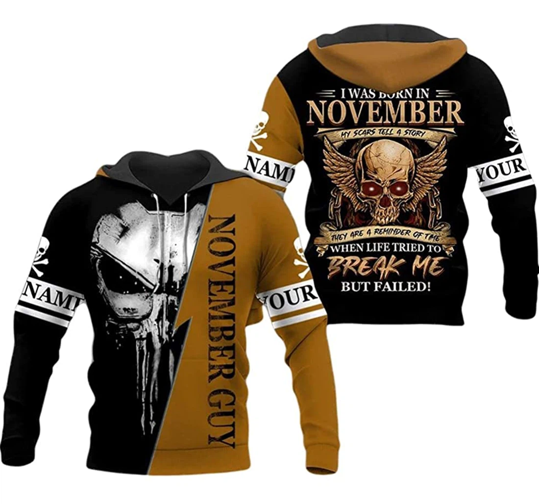 Personalized Name November Guy Skull My Scars Tell A Story Lightweight Premium Sportwear Up - 3D Printed Pullover Hoodie