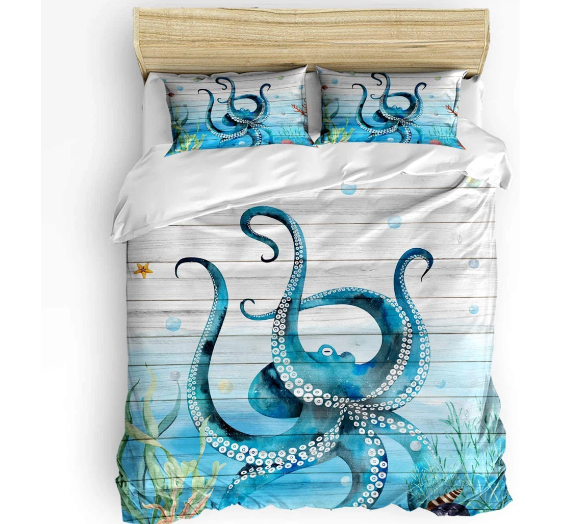 Personalized Bedding Set - Octopus Tentacles Sea Marine Life Conch Starfish Wood Grain Included 1 Ultra Soft Duvet Cover or Quilt and 2 Lightweight Breathe Pillowcases