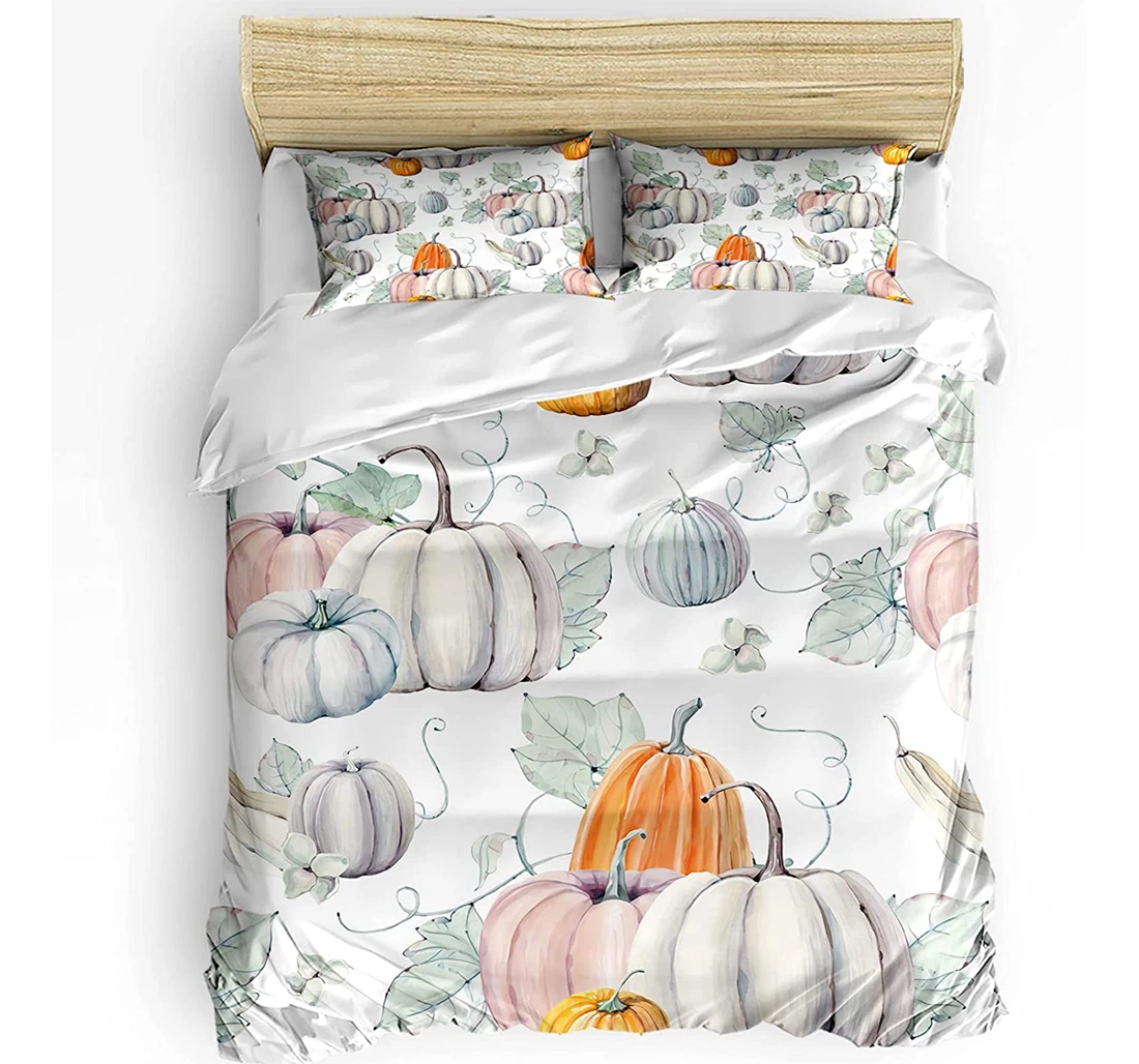Personalized Bedding Set - Halloween Watercolor Pumpkin Autumn Yellow Green Leaf Included 1 Ultra Soft Duvet Cover or Quilt and 2 Lightweight Breathe Pillowcases