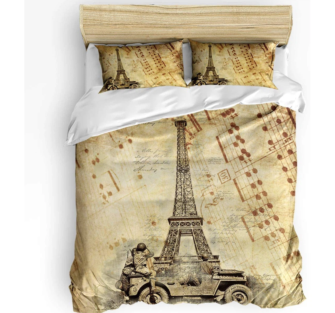 Personalized Bedding Set - Retro Eiffel Tower War American Soldiers Included 1 Ultra Soft Duvet Cover or Quilt and 2 Lightweight Breathe Pillowcases