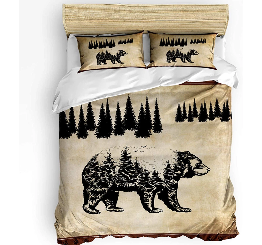 Personalized Bedding Set - Vintage Black Bear Pine Tree Silhouettes Retro Rustic Included 1 Ultra Soft Duvet Cover or Quilt and 2 Lightweight Breathe Pillowcases