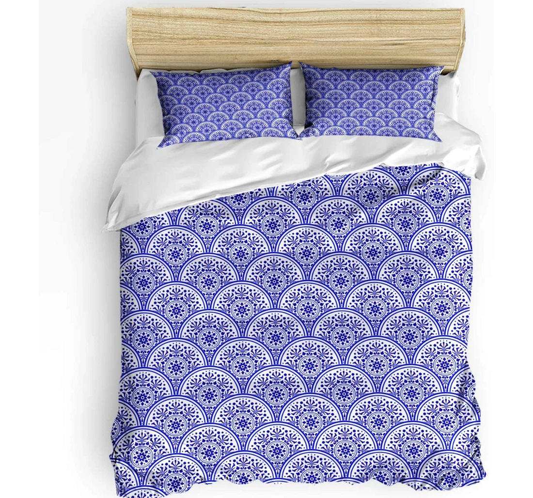 Personalized Bedding Set - Mermaid Fish Scales Blue Flowers Floral Pattern Included 1 Ultra Soft Duvet Cover or Quilt and 2 Lightweight Breathe Pillowcases
