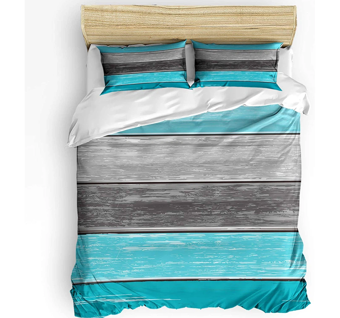 Personalized Bedding Set - Retro Wooden Board Vintage Ombre Teal Green Wood Grain Included 1 Ultra Soft Duvet Cover or Quilt and 2 Lightweight Breathe Pillowcases
