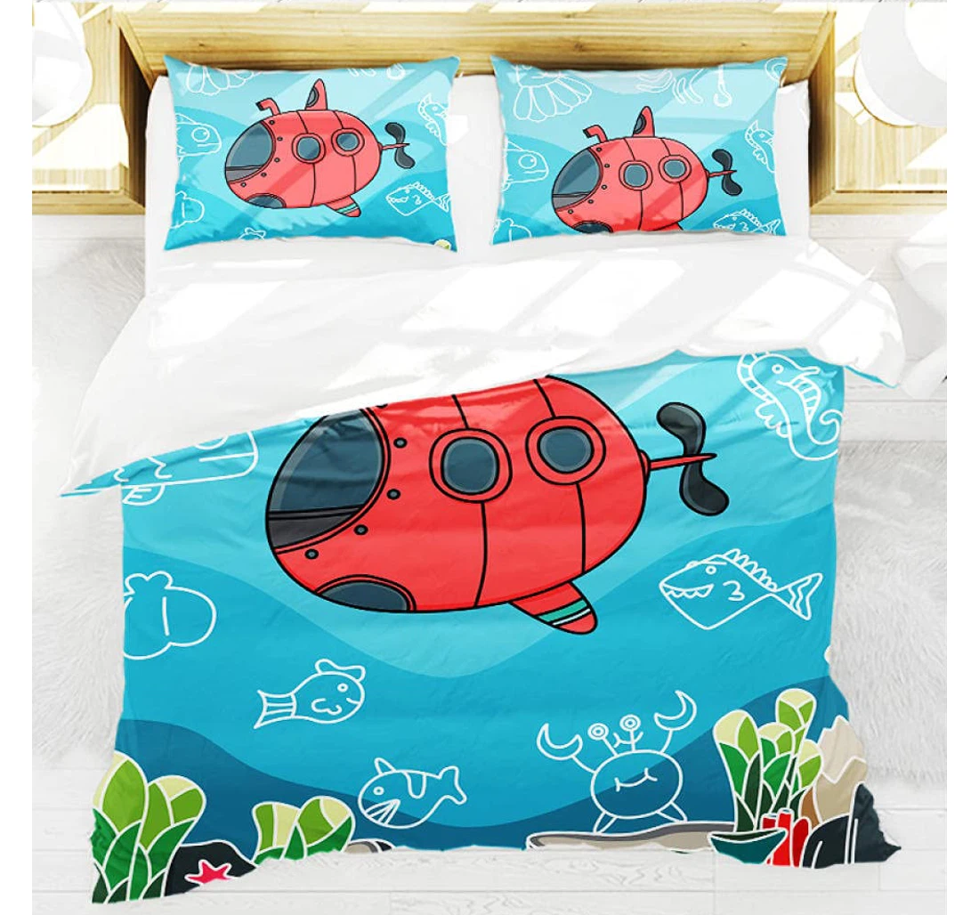Personalized Bedding Set - Animated Submarine Full, Teens Included 1 Ultra Soft Duvet Cover or Quilt and 2 Lightweight Breathe Pillowcases