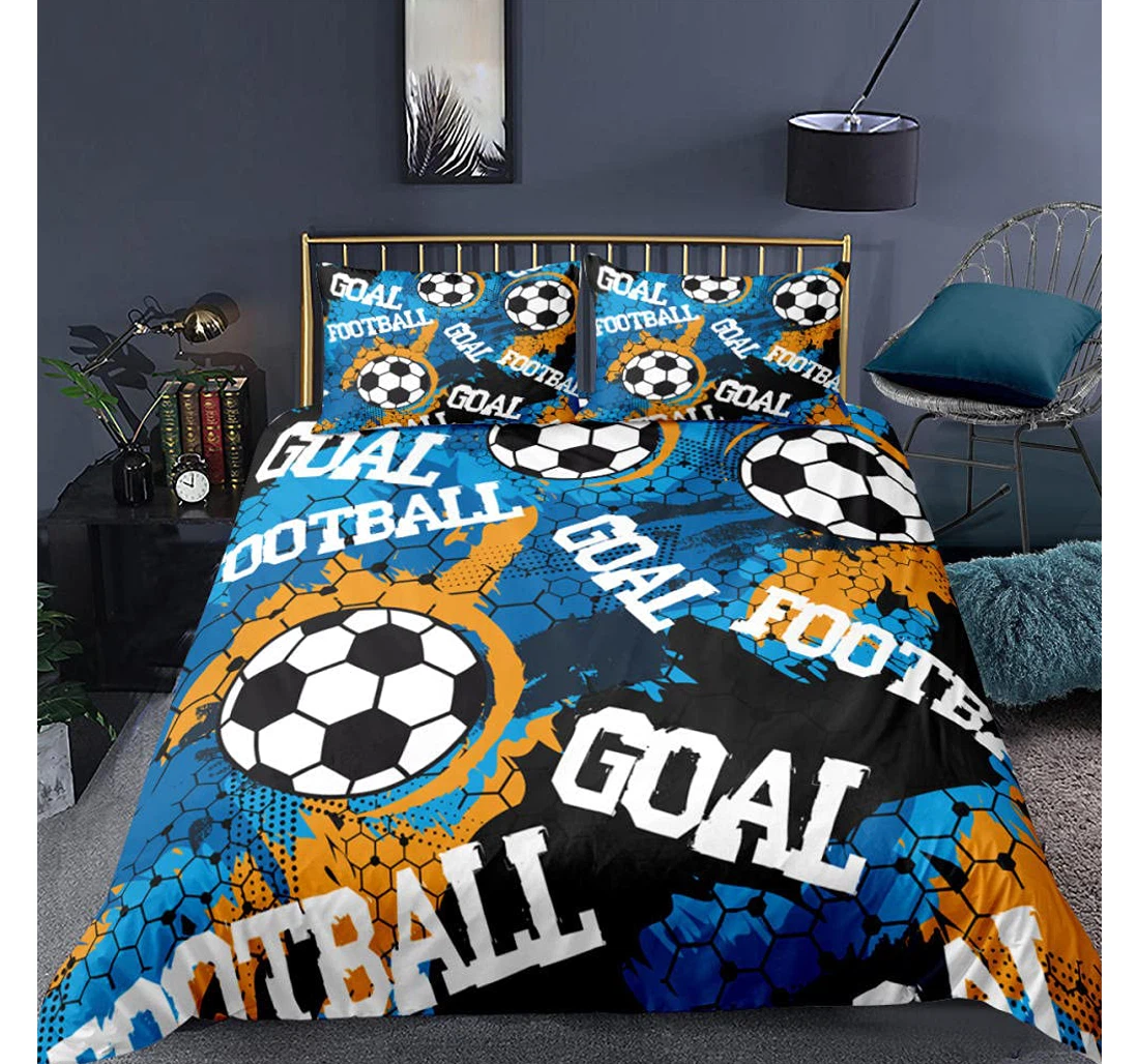 Personalized Bedding Set - Blue Football Teen, Ties Included 1 Ultra Soft Duvet Cover or Quilt and 2 Lightweight Breathe Pillowcases