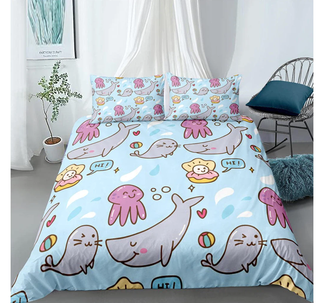 Personalized Bedding Set - Blue Whale Octopus Full, Teens Included 1 Ultra Soft Duvet Cover or Quilt and 2 Lightweight Breathe Pillowcases