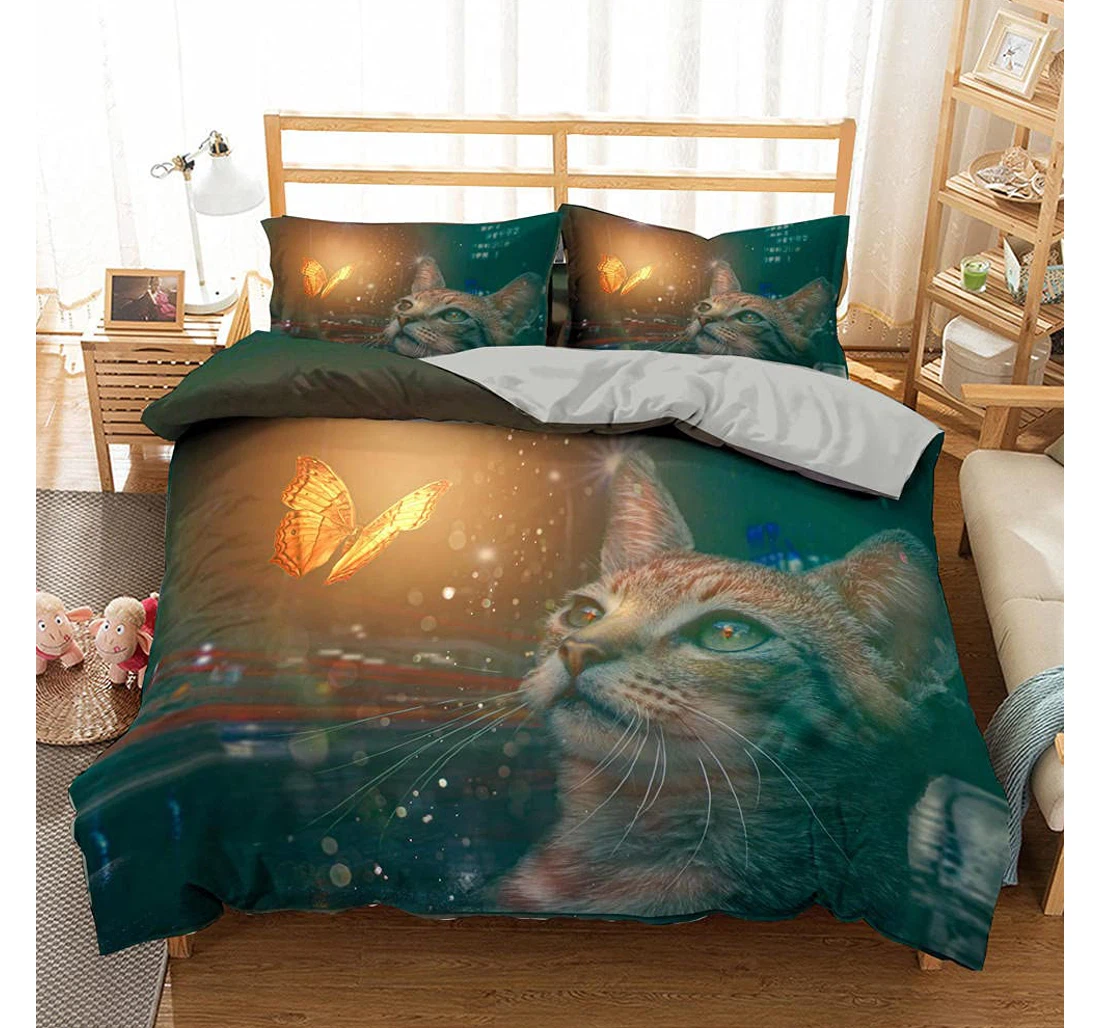 Personalized Bedding Set - Green Cat Teen, Ties Included 1 Ultra Soft Duvet Cover or Quilt and 2 Lightweight Breathe Pillowcases