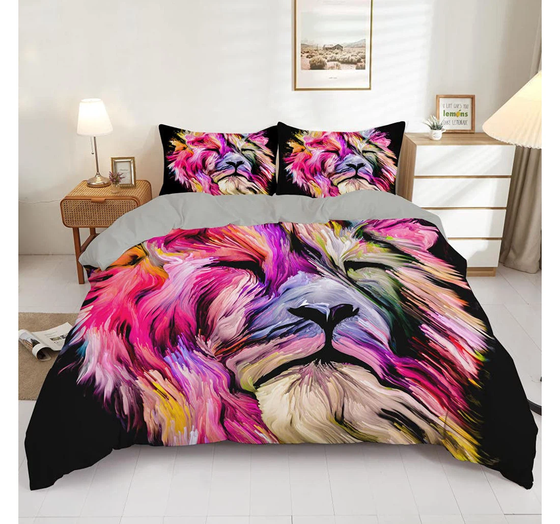 Personalized Bedding Set - Pink Lion Corner Ties Included 1 Ultra Soft Duvet Cover or Quilt and 2 Lightweight Breathe Pillowcases