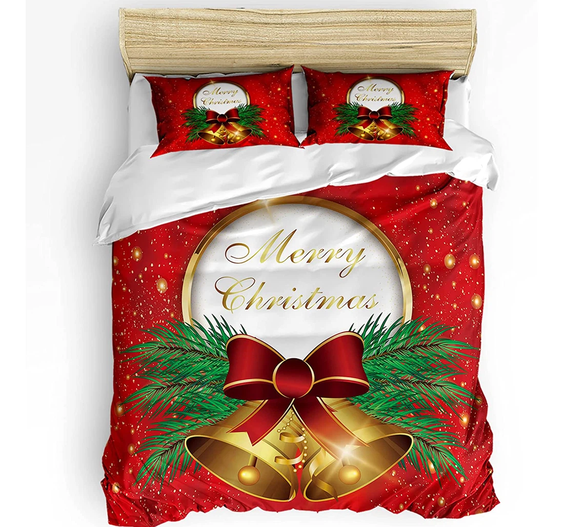 Personalized Bedding Set - Christmas Cozy Pine Branch Bells Included 1 Ultra Soft Duvet Cover or Quilt and 2 Lightweight Breathe Pillowcases