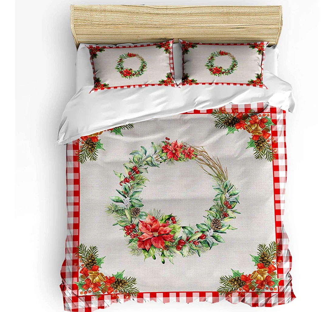 Personalized Bedding Set - Poinsettia Floral Wreath Christmas Burlap Included 1 Ultra Soft Duvet Cover or Quilt and 2 Lightweight Breathe Pillowcases
