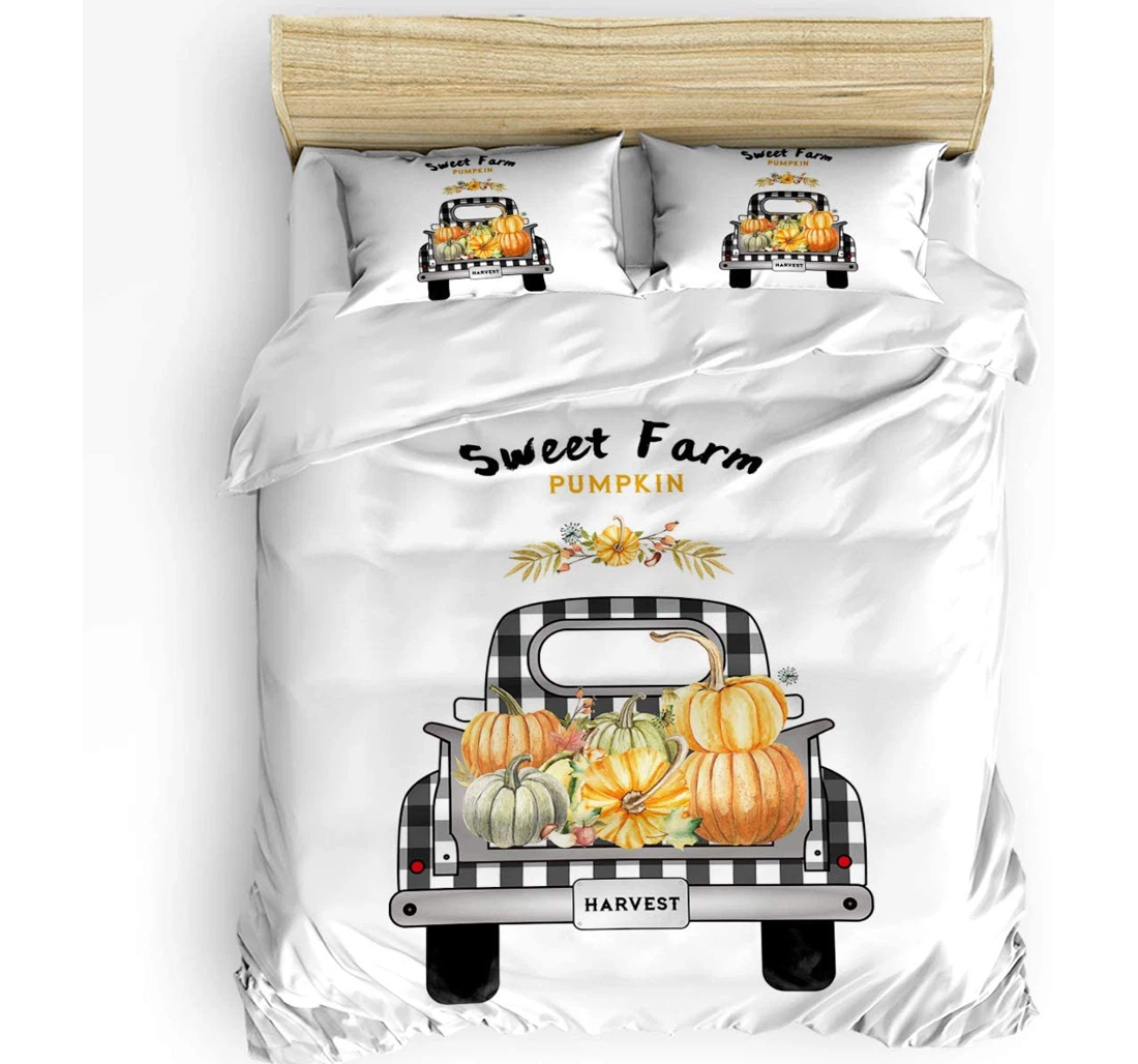 Personalized Bedding Set - Sweet Farm Pumpkin Plaid Truck Cozy Included 1 Ultra Soft Duvet Cover or Quilt and 2 Lightweight Breathe Pillowcases