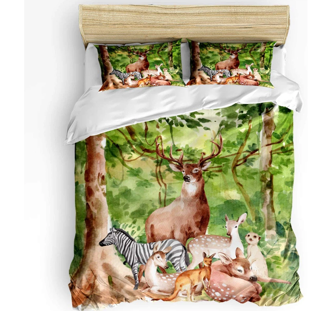 Personalized Bedding Set - Animal Zerba Deer Cozy Green Forest Watercolor Included 1 Ultra Soft Duvet Cover or Quilt and 2 Lightweight Breathe Pillowcases