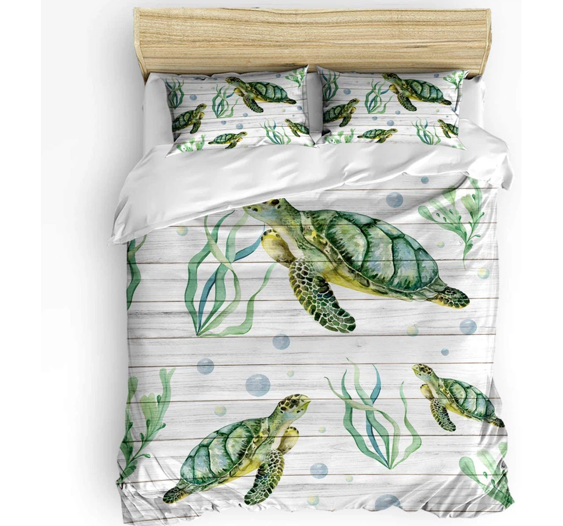 Personalized Bedding Set - Green Turtles Corals Marine Life Cozy Wooden Grain Included 1 Ultra Soft Duvet Cover or Quilt and 2 Lightweight Breathe Pillowcases