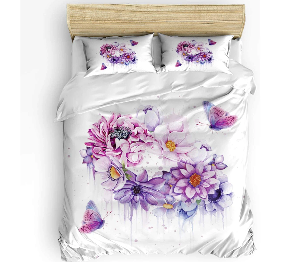 Personalized Bedding Set - Pourple Pink Flowers Butterflies Cozy Ombre Spring Floral Included 1 Ultra Soft Duvet Cover or Quilt and 2 Lightweight Breathe Pillowcases