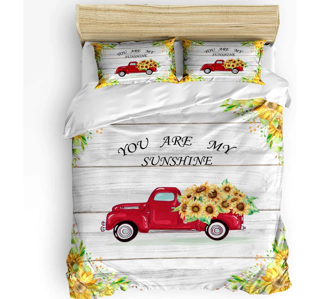 Personalized Bedding Set - Sunflower Truck Cozy Rural Floral Wood Board Included 1 Ultra Soft Duvet Cover or Quilt and 2 Lightweight Breathe Pillowcases