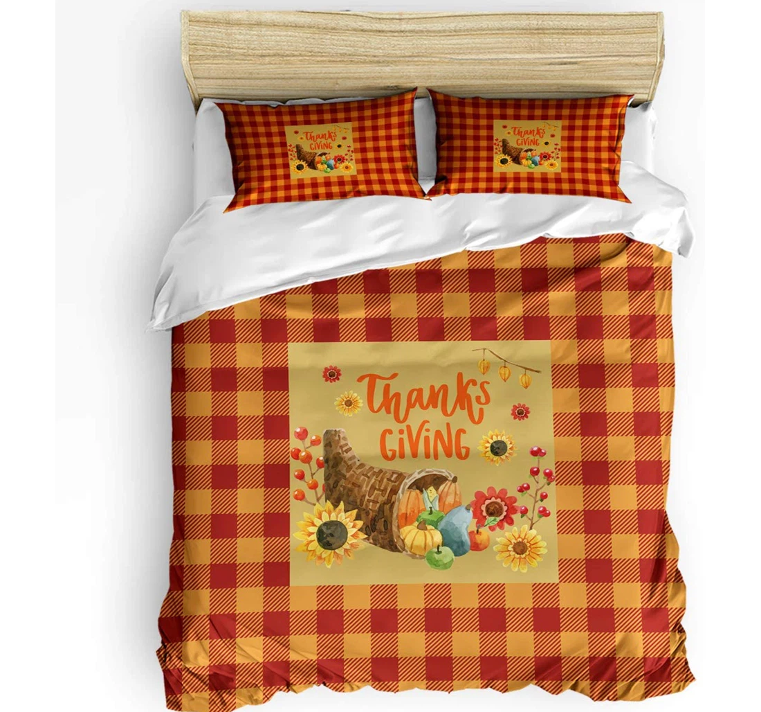 Personalized Bedding Set - Thanksgiving Pumpkin Sunflower Flowers Cozy Orange Buffalo Plaid Included 1 Ultra Soft Duvet Cover or Quilt and 2 Lightweight Breathe Pillowcases