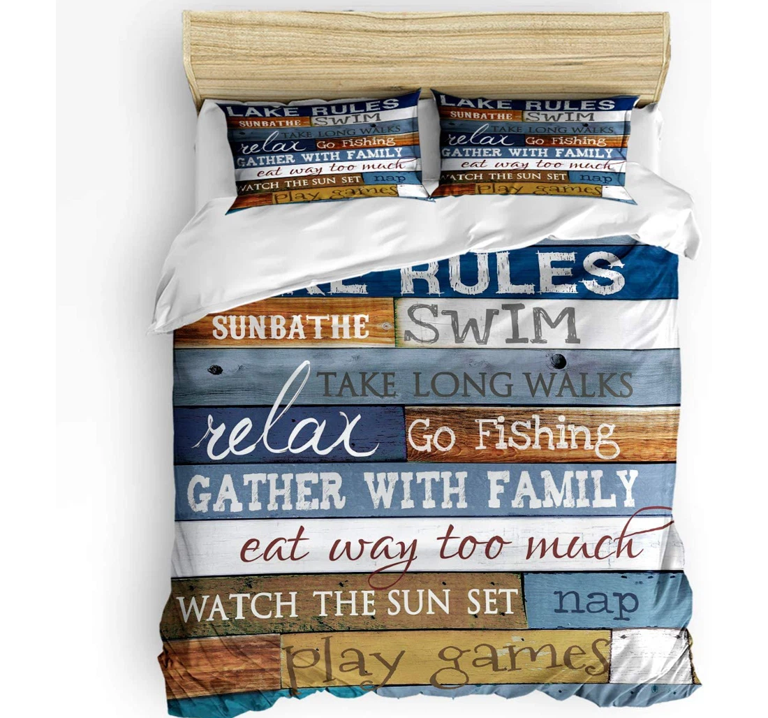 Personalized Bedding Set - Lake Rules Text Theme Cozy Colorful Wood Plank Included 1 Ultra Soft Duvet Cover or Quilt and 2 Lightweight Breathe Pillowcases