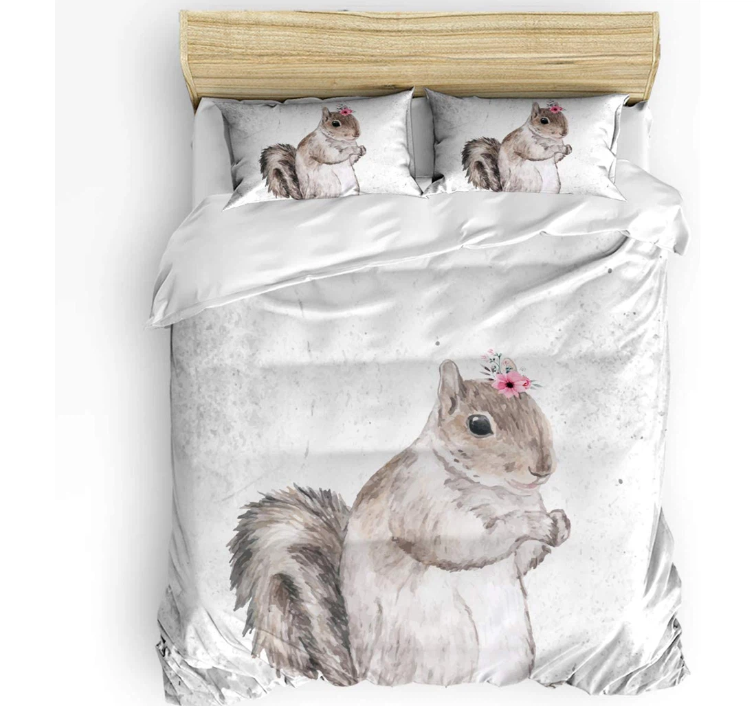 Personalized Bedding Set - Cute Squirrel Flowers On Head Cozy Included 1 Ultra Soft Duvet Cover or Quilt and 2 Lightweight Breathe Pillowcases