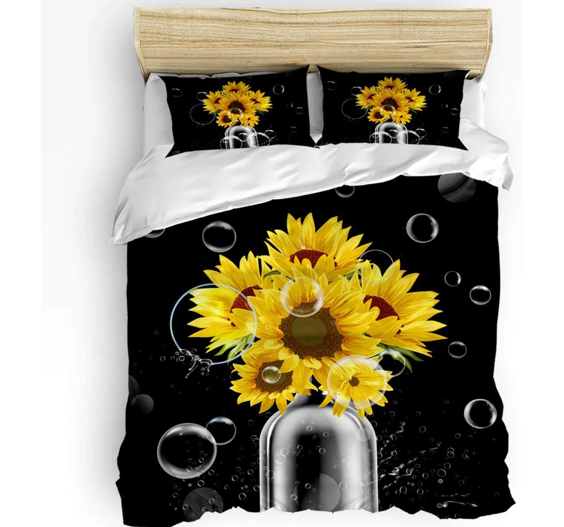 Personalized Bedding Set - Sunflowers Bloom Bottle Cozy Bubble Black Included 1 Ultra Soft Duvet Cover or Quilt and 2 Lightweight Breathe Pillowcases