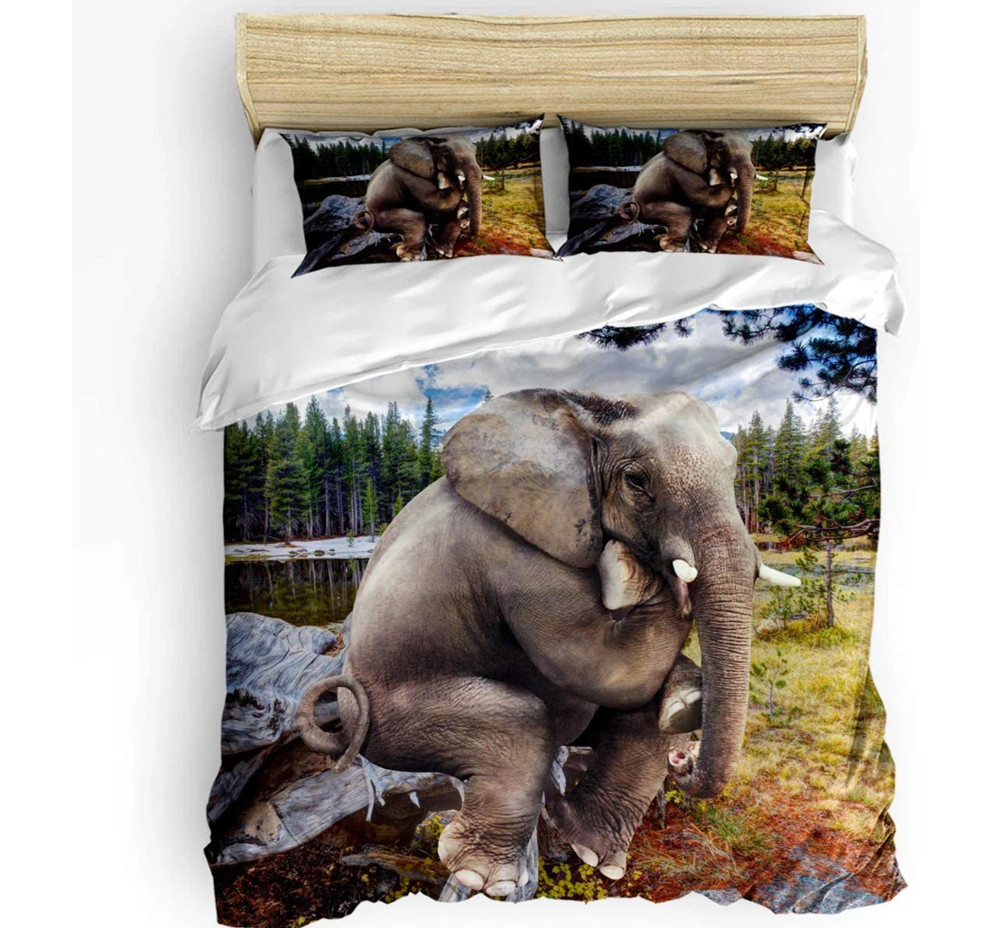 Personalized Bedding Set - Funny Elephant Sitting On Wood Cozy Included 1 Ultra Soft Duvet Cover or Quilt and 2 Lightweight Breathe Pillowcases
