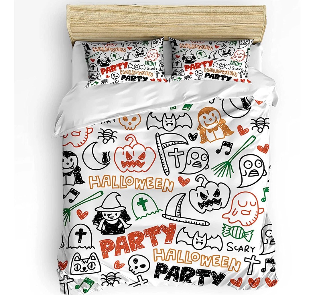 Bedding Set - Halloween Party Sketch Doodle Cozy Colorful Illustraction Included 1 Ultra Soft Duvet Cover or Quilt and 2 Lightweight Breathe Pillowcases