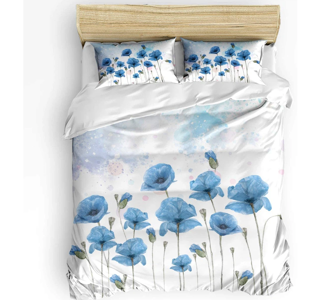 Bedding Set - Blue Poppy Watercolor Pattern Cozy Included 1 Ultra Soft Duvet Cover or Quilt and 2 Lightweight Breathe Pillowcases