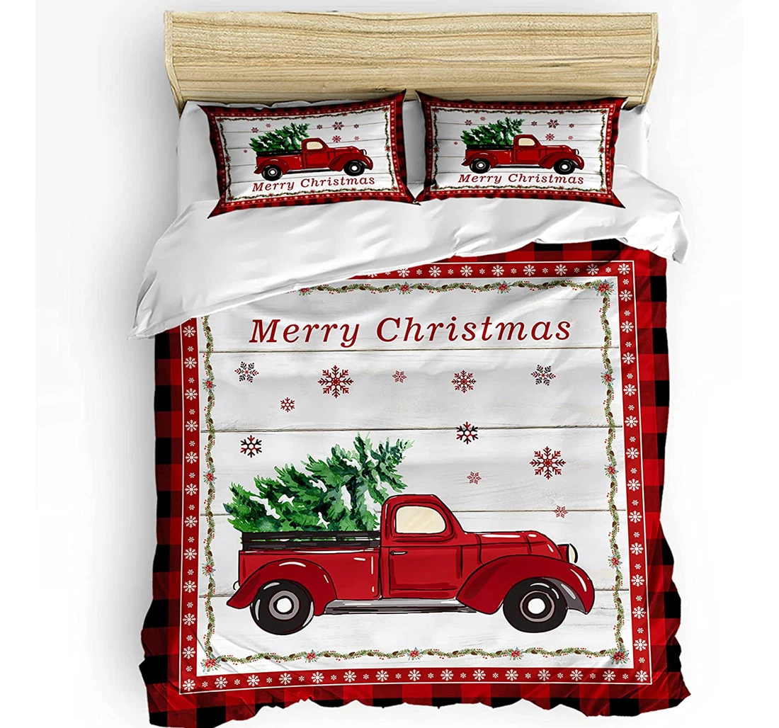Personalized Bedding Set - Merry Christmas Truck Snowflake Rustic Wooden Included 1 Ultra Soft Duvet Cover or Quilt and 2 Lightweight Breathe Pillowcases