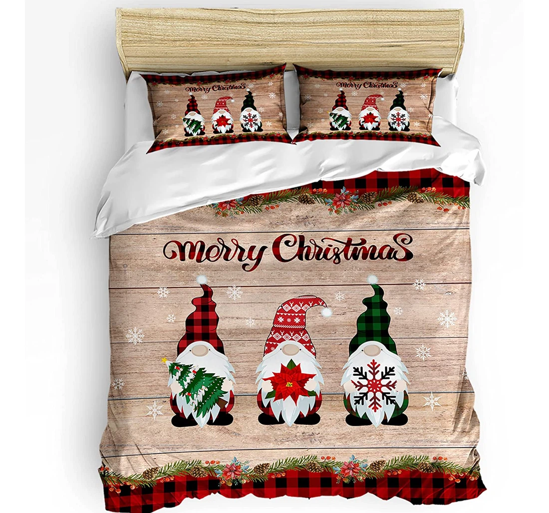 Personalized Bedding Set - Christmas Gnomes Snowflake Poinsettia Wooden Included 1 Ultra Soft Duvet Cover or Quilt and 2 Lightweight Breathe Pillowcases