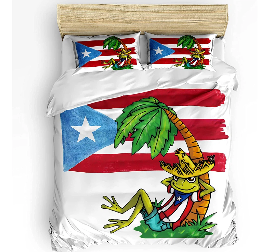 Personalized Bedding Set - Puerto Rico Flag Frog Palm Tree Included 1 Ultra Soft Duvet Cover or Quilt and 2 Lightweight Breathe Pillowcases
