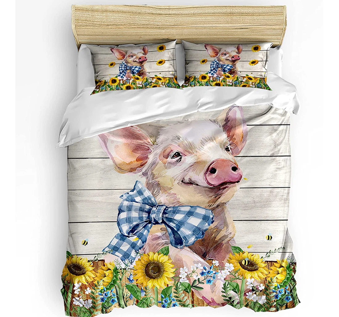 Personalized Bedding Set - Fam Animal Pig Rural Sunflower Wooden Board Included 1 Ultra Soft Duvet Cover or Quilt and 2 Lightweight Breathe Pillowcases