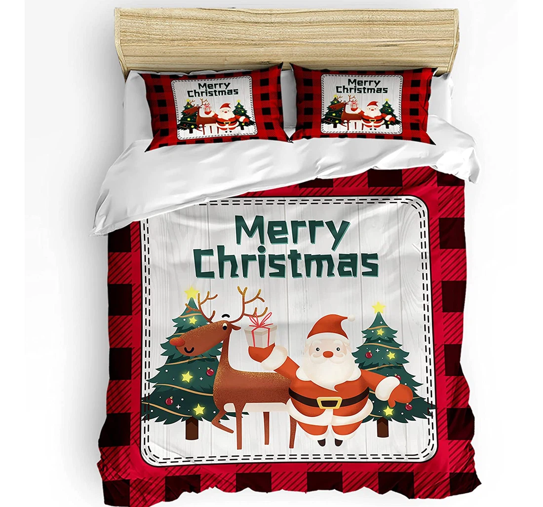 Personalized Bedding Set - Santa Clause Elk Tree Christmas Wooden Plaid Included 1 Ultra Soft Duvet Cover or Quilt and 2 Lightweight Breathe Pillowcases