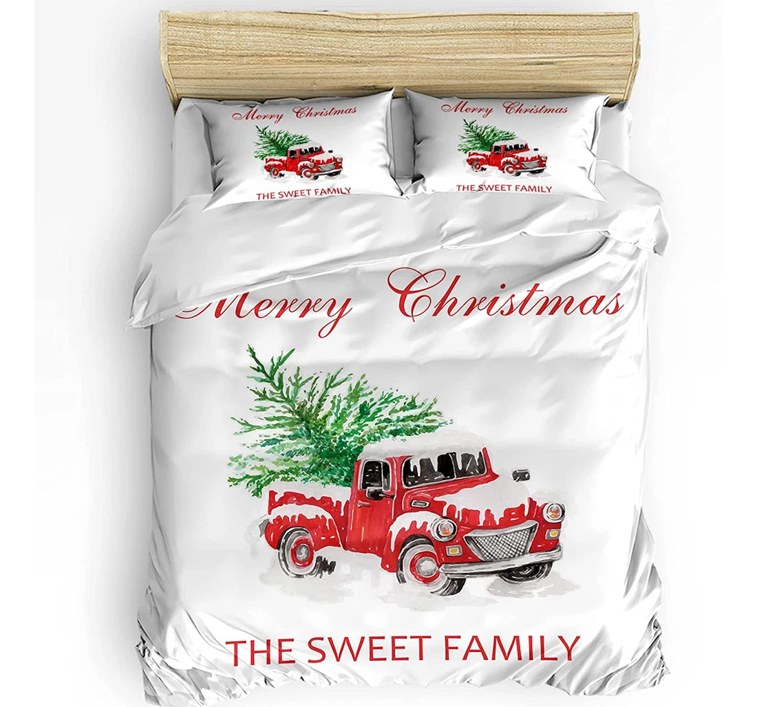 Personalized Bedding Set - Christmas Winter Truck Tree Snowy Included 1 Ultra Soft Duvet Cover or Quilt and 2 Lightweight Breathe Pillowcases